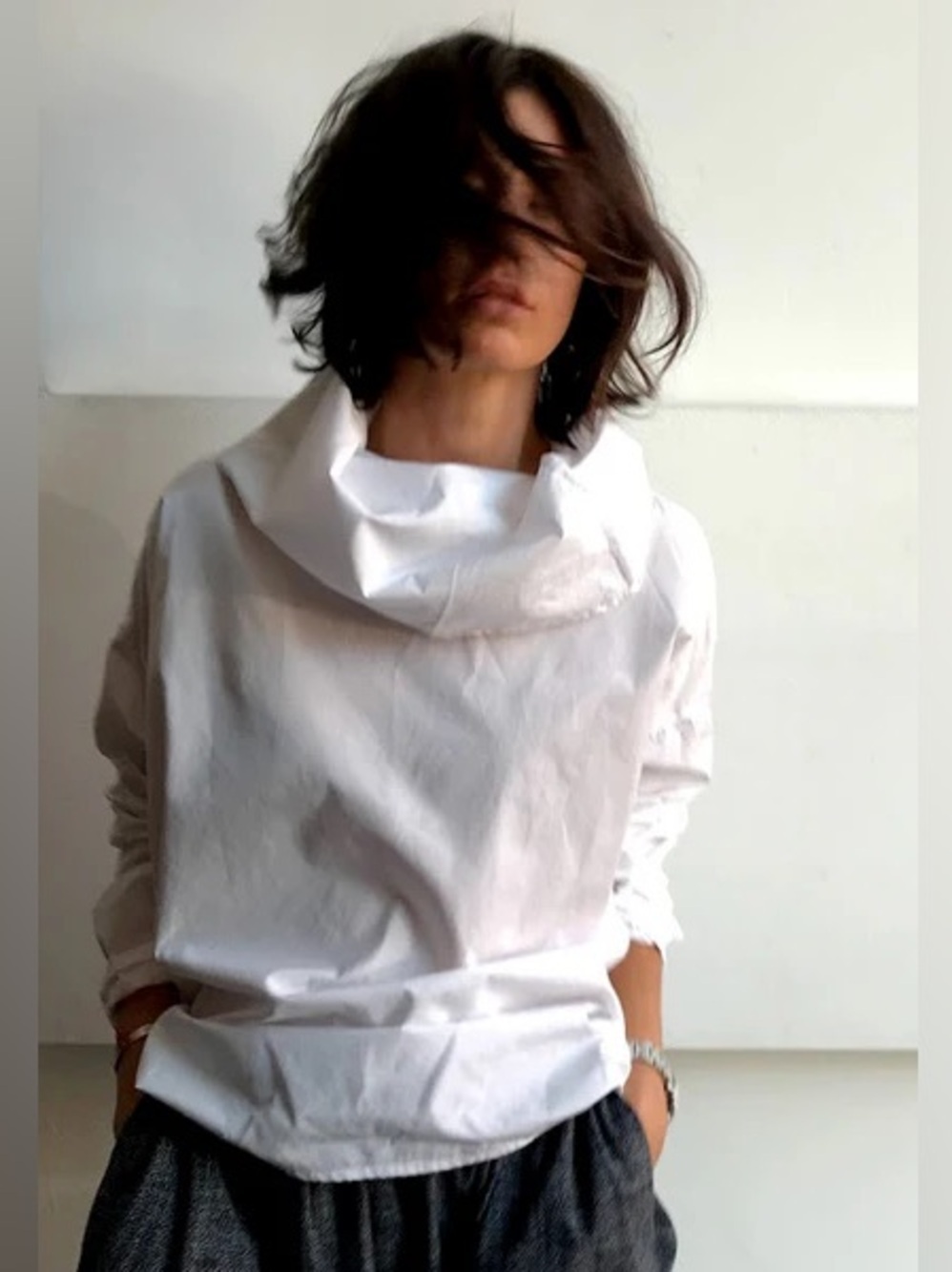 PIP-SQUEAK CHAPEAU *BLACK* 100% Japanese Cotton Poplin Roll Neck Top Large VGUC
